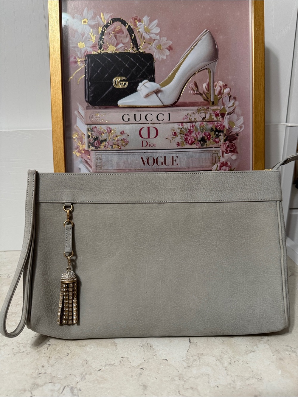 St. John Women's suede Wristlet Clutch in Light Gray with Tassel